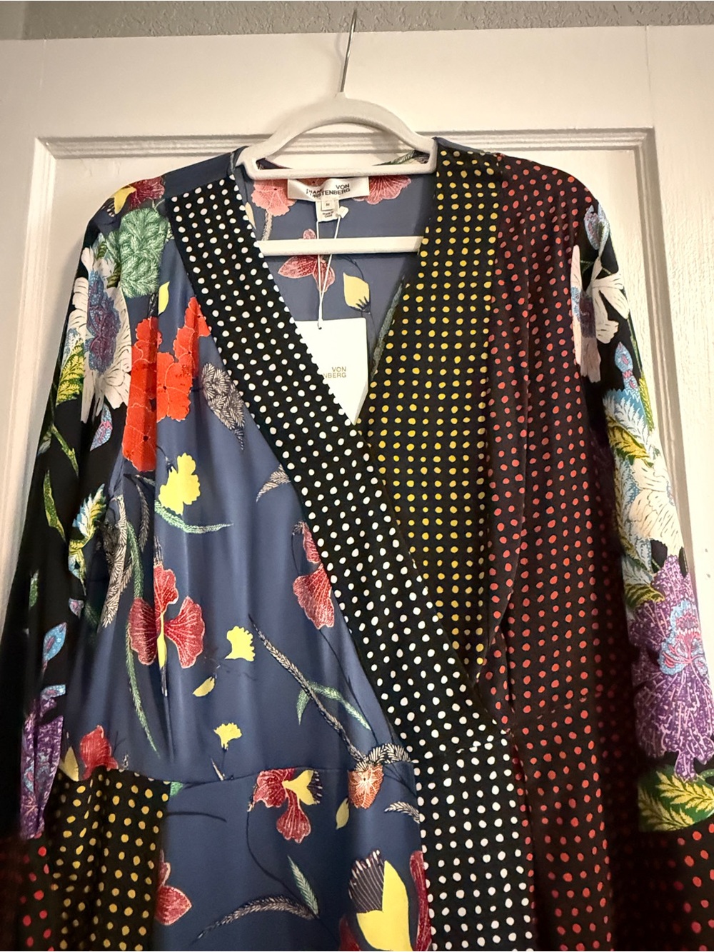 Diane Von Furstenberg Navy Floral and Polka Dot Silk Wrap Tunic